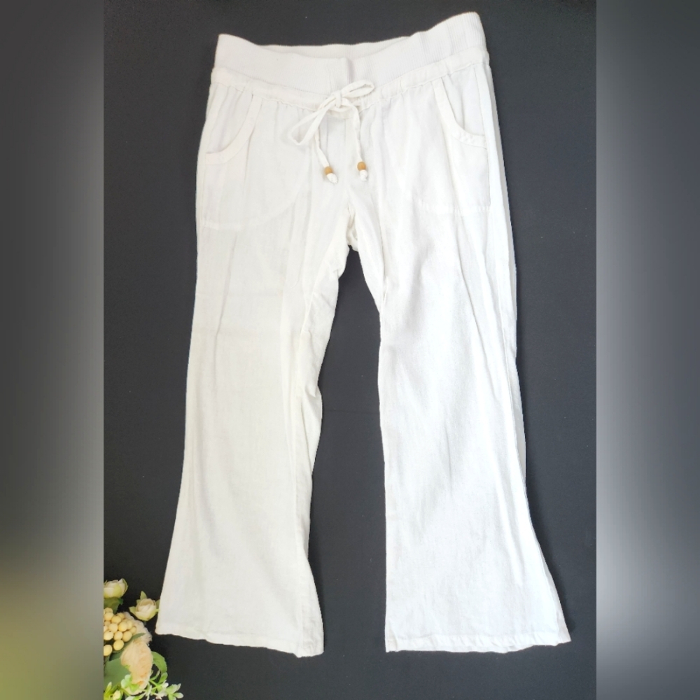 Love Tree White Linen Blend Cropped Wide Leg Drawstring Pants Small